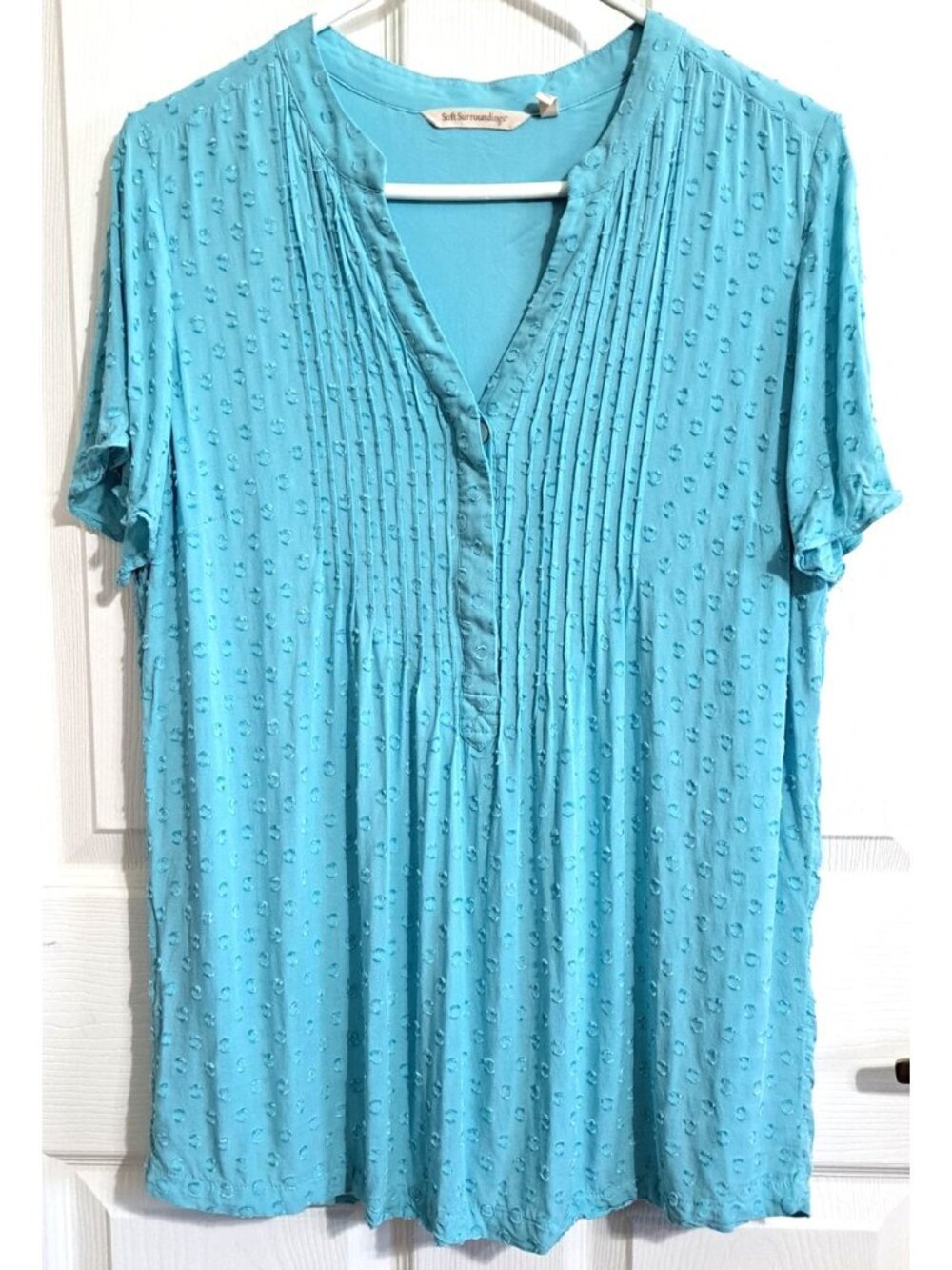 Soft Surroundings Offshore M Aqua Short Sleeve Clip Dot Pintuck Tuniic Boho